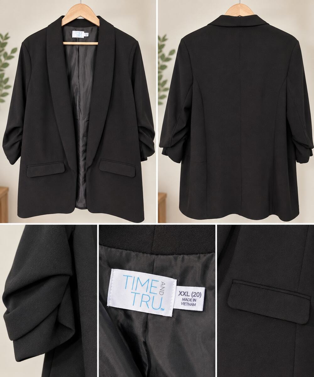 Time and Tru Black Ruched Sleeve Open Front Blazer – Women’s XXL (20)